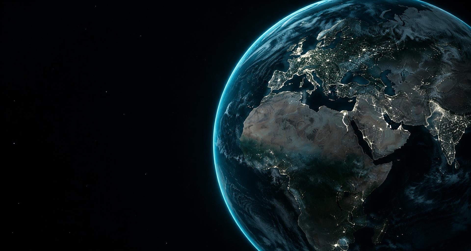 Earth at night, revealing the interconnected lights of Europe, Africa, and Asia